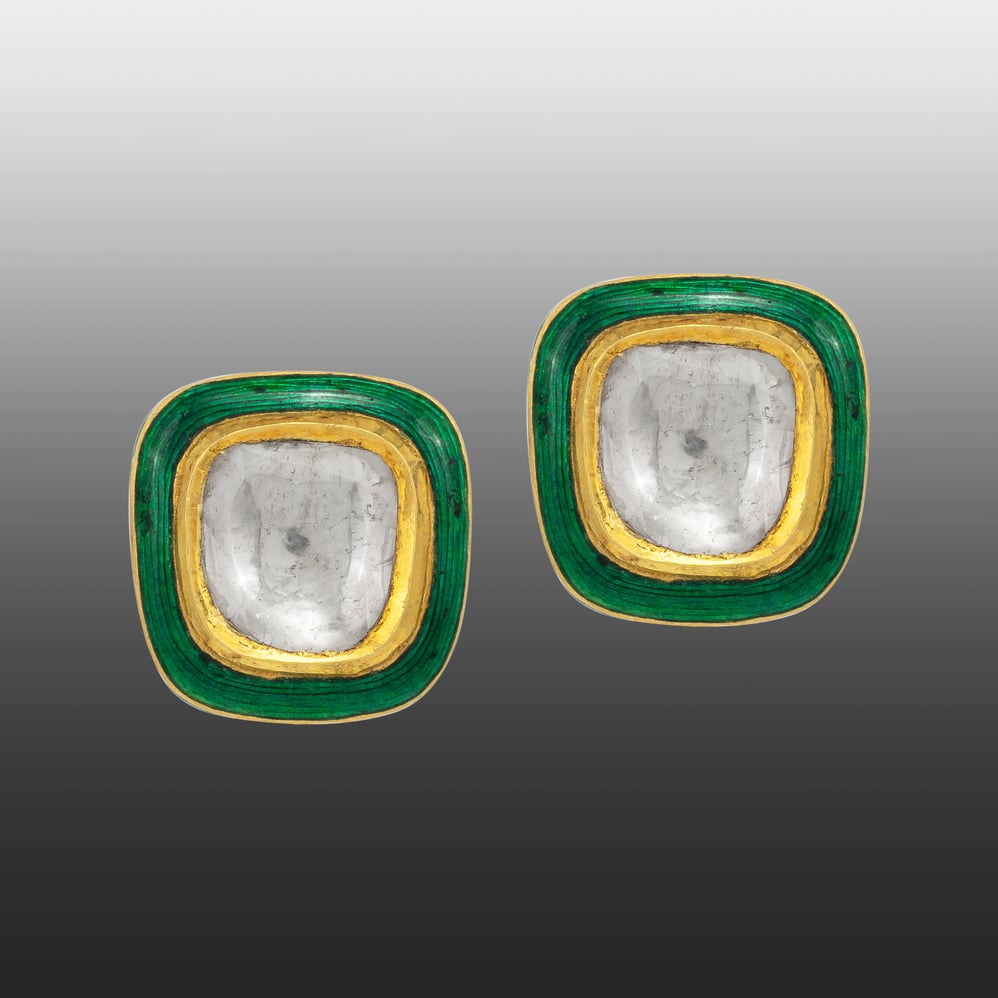 Square Polki Studs with Green Enamel Highlights